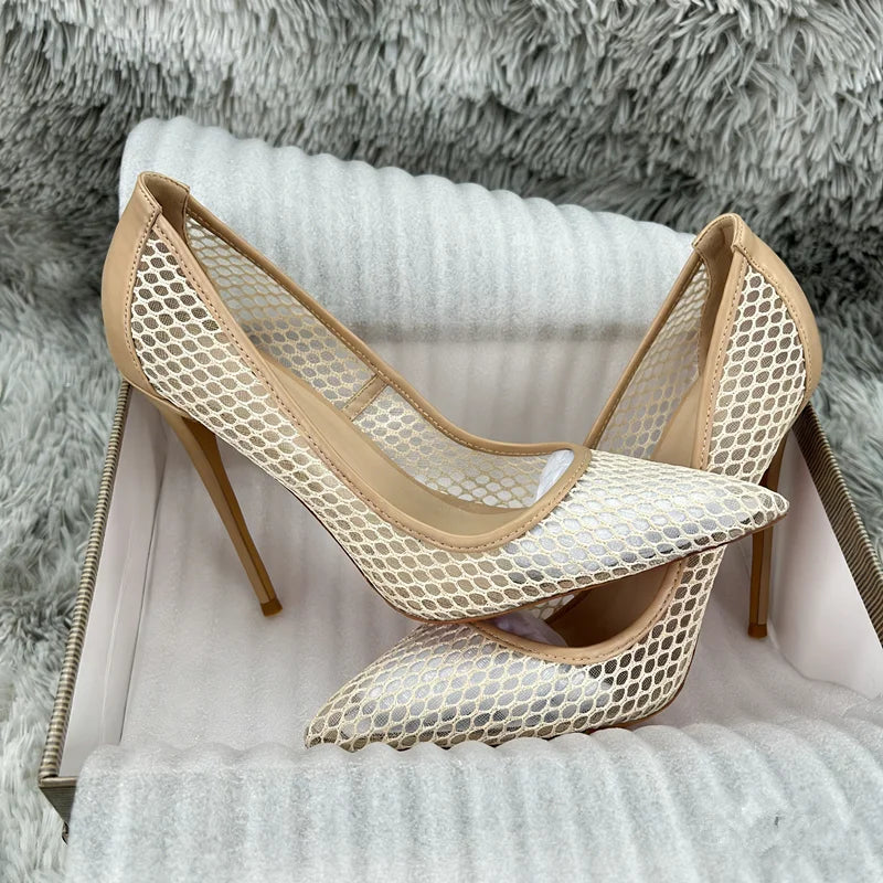 Women's Black Mesh Stiletto Pumps  Pointed Toe Hollow-Out High Heels, Sexy Sheer Dress Shoes for Party, Club, and Evening Even