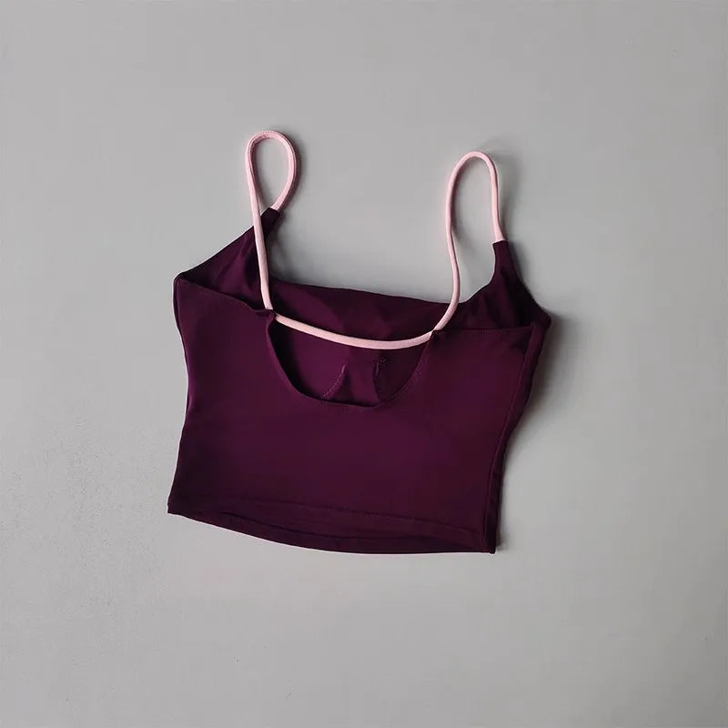 Women's Sexy Backless Yoga Sports Vest Fixed One-Piece Cup Contrast Suspender Beautiful Back Fitness Bra for Active Wear