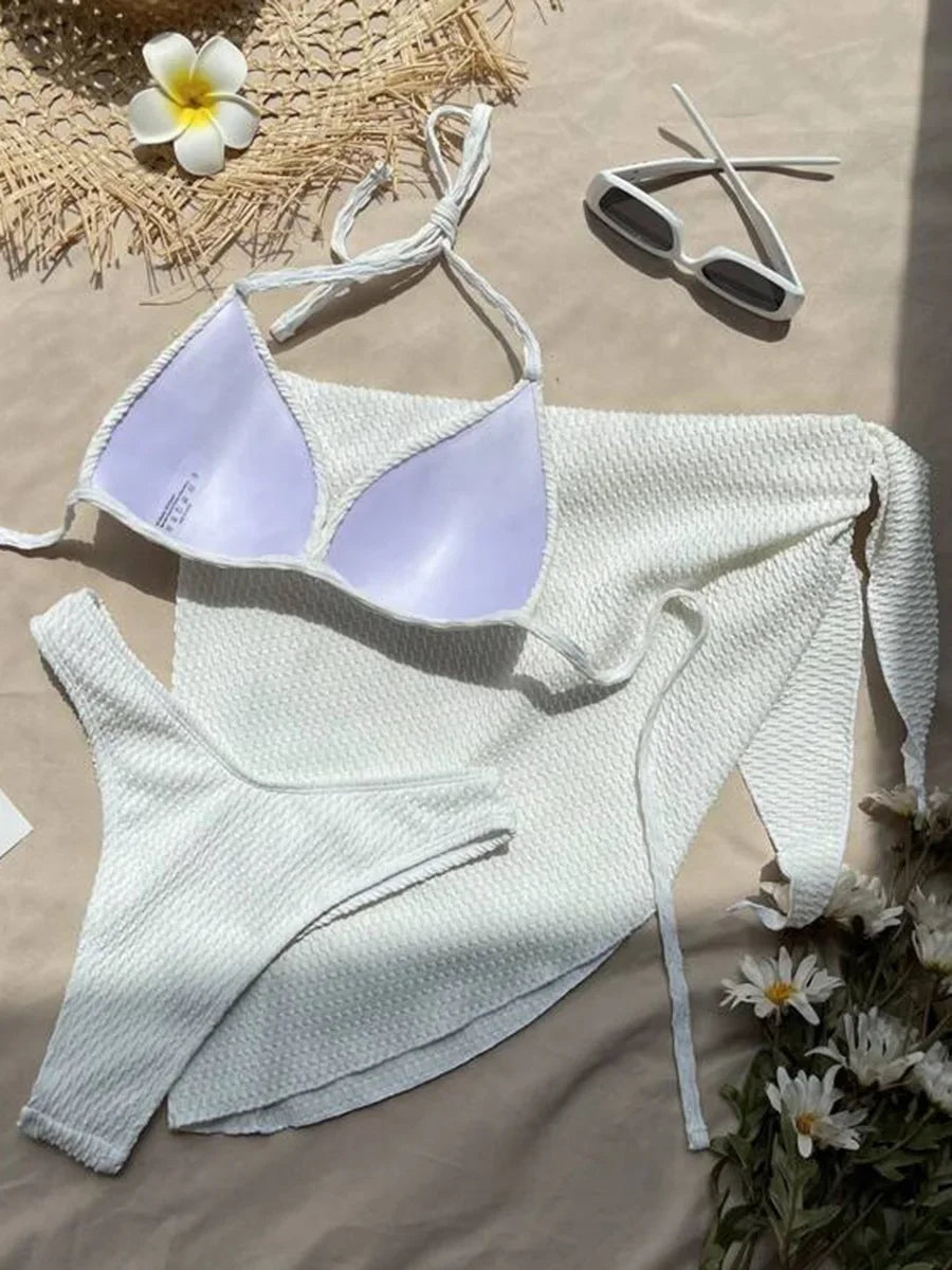 With Skirt Wrinkled Bra Cup Bikini Female Swimsuit Women Swimwear Three-pieces Bikini Set Push Up Bathing Suit Swim Beachwear