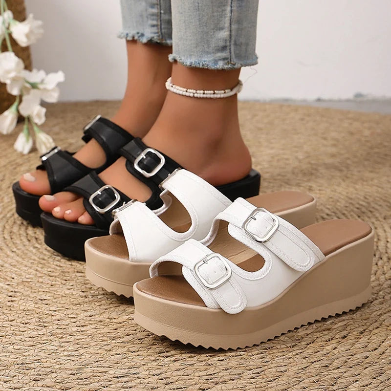 Summer Women's Chunky Platform Sandals 2026 Thick Bottom Wedges Slippers Women Plus Size 43 Double Buckle Casual Sandles Woman