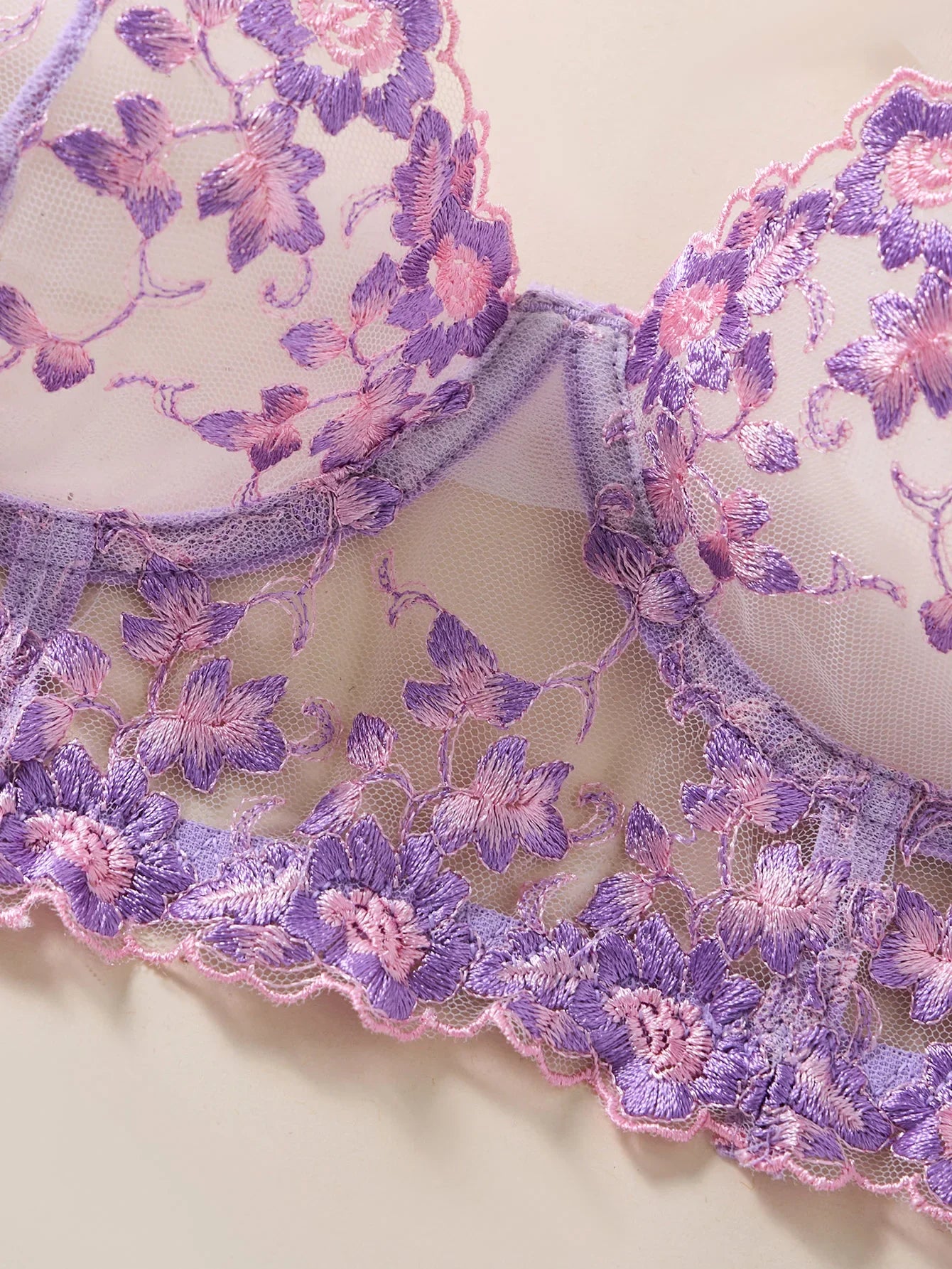 French-style purple lace embroidered lingerie set - Sexy see-through chiffon long bra and thong set for two pieces ZA25246