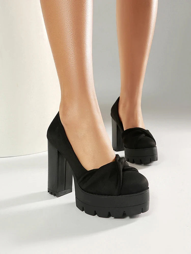 Plus Size Cross Soft PU Upper Platform Ultra Coarse Heel Shallow Breathable High Heels Office Women's Shoes