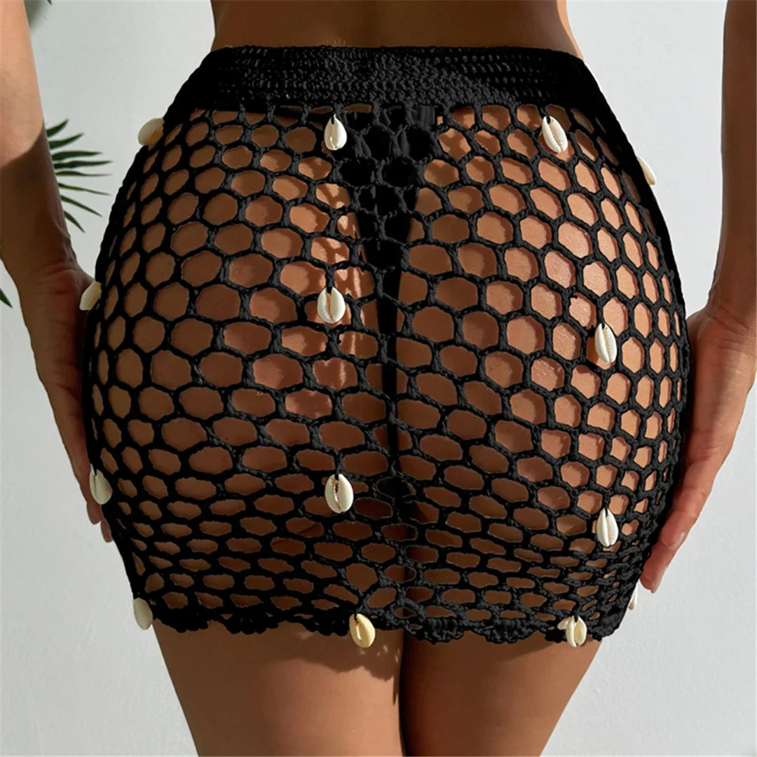 Hollow Out See Through Shell Crochet Knitted Beach Skirt Cover Up Cover-ups Beach Dress Beach Wear Beachwear Female Women V6479