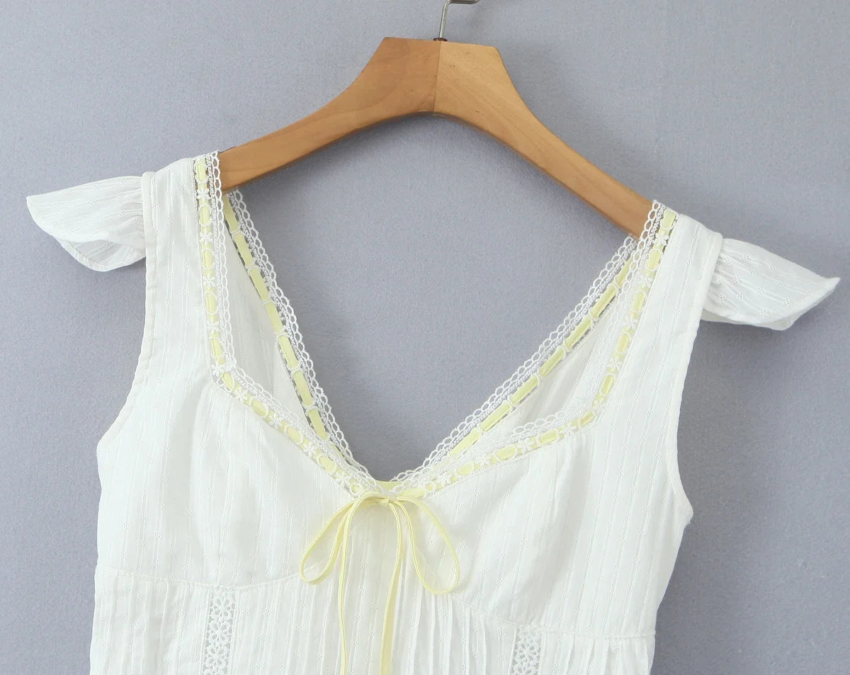 White Lace Dress Summer Women's Dress Bowknot Back Tie Up Short Beach Vestidos Female Sleeveless Mini Casual Cotton Dress 2025