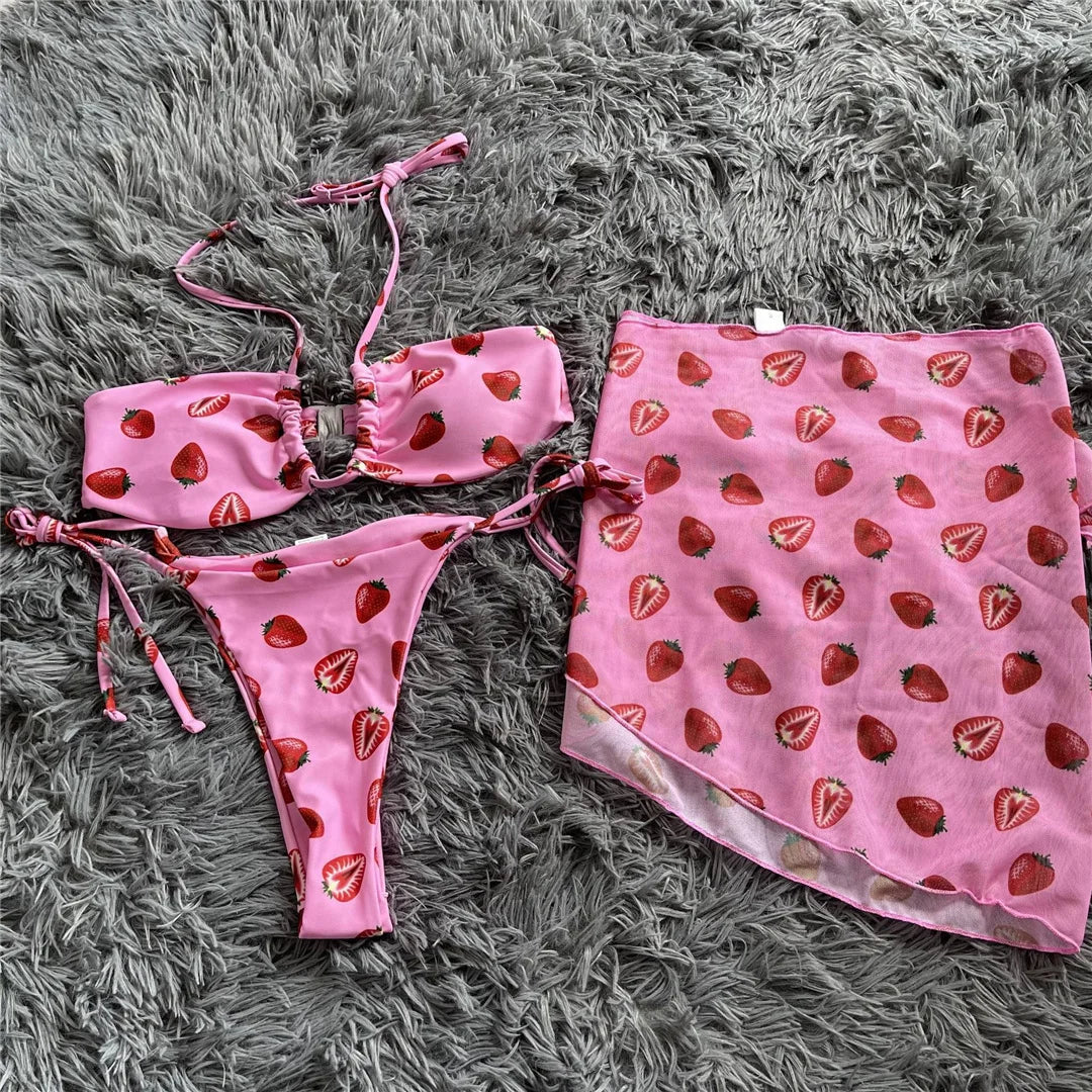 New With Sarong Printed Halter Bikini Female Swimsuit Women Swimwear Three-Pieces Bikini Set Bather Bathing Suit Swim Lady V4156