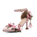 Small Big Size 32-46 Women's Elegant Pink Flowers High Heels Sandals Summer Sexy Pointy Toe Party White Wedding Sandals Shoes