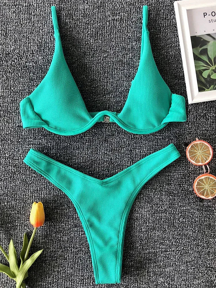 Sexy Neon V-bar Underwired Bikini 2025 Female Ribbed Swimsuit Women Thong Swimwear Two-pieces Bikini set Push up Bathing Suit