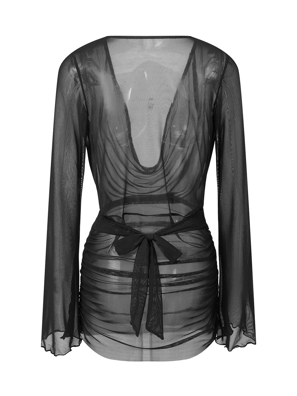 Women's Summer Solid Color Sheer Beach Mini Dress Long Sleeve Deep V Neck Swim Cover Up Swimwear for Pool Vacation