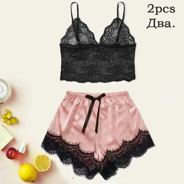 Women's Satin Sleepwear Pajama Set Pink Sexy Lingerie Bath Robe Lace Patchwork Silk Night Dress Trousers Home Clothed Nightwear