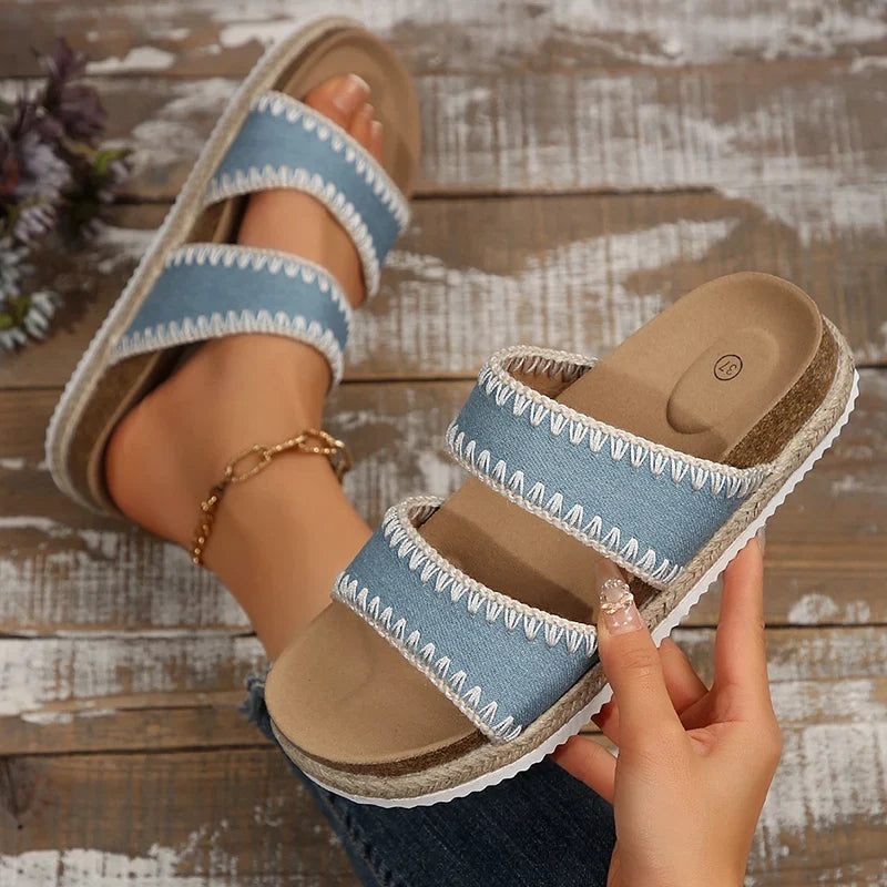 Bohemian Style Platform Slippers Women Plus Size 43 Embroidery Denim Thick Bottom Sandals Woman Open Toe Non Slip Summer Sandles