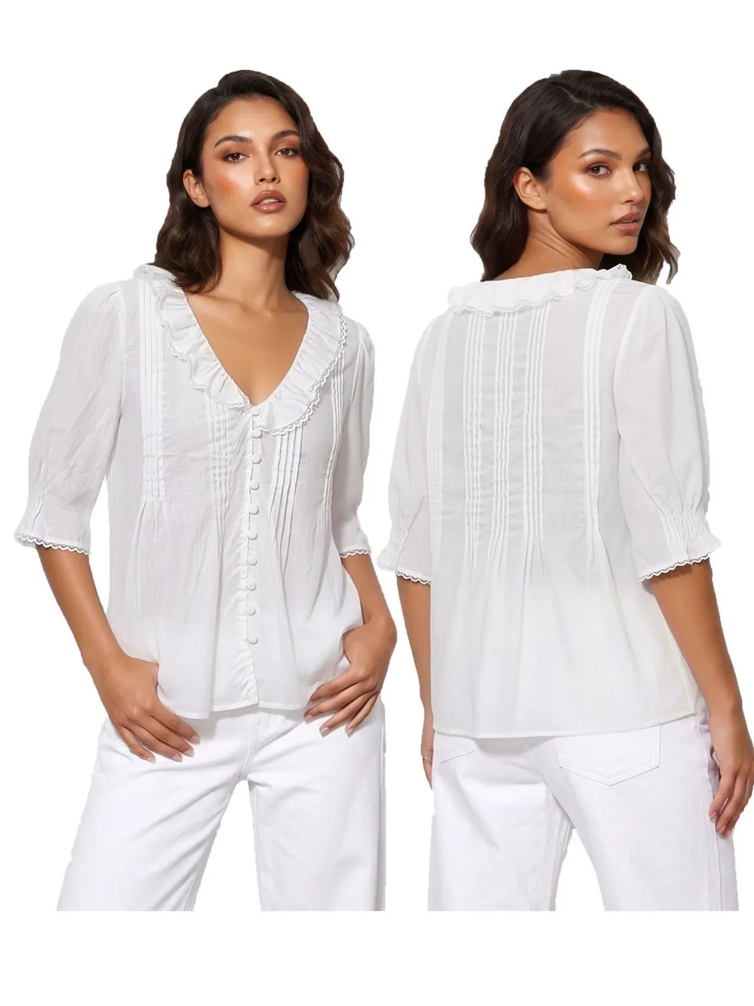 Women's Summer Blouse Solid Color Ruffle Flounce V Neck Short Sleeve Button Down Tops Casual Loose Shirts