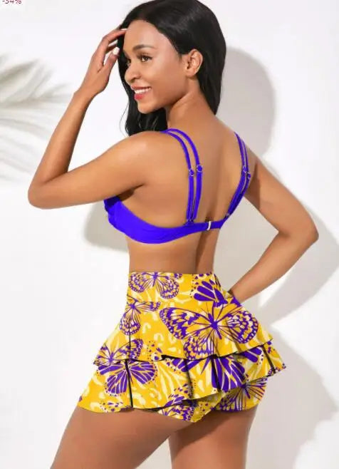 2026 Sexy Ruffled Swimsuit Women Push Up Cross Bikini Women Maple Print Gradient Beach Skirt Bathing Suit Skirt Swimwear Tankini