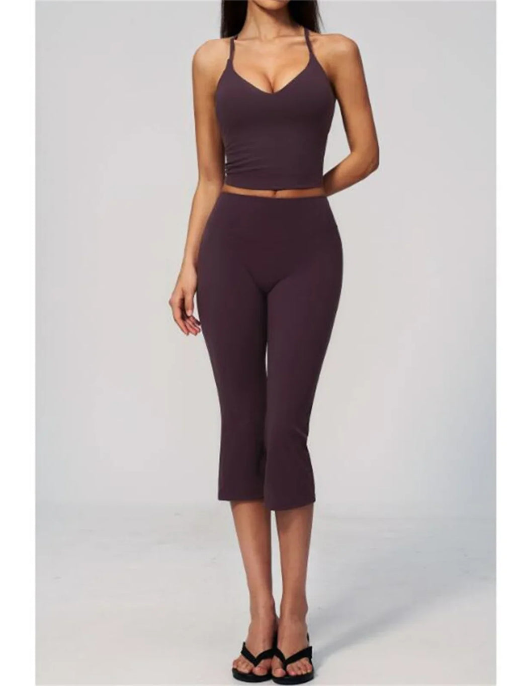 Summer New Yoga Clothing Women Solid V Neck Slim Sports Tank Top Athletic Wear High Waist Butt Lift Mid Pants Gym Fitness Suits