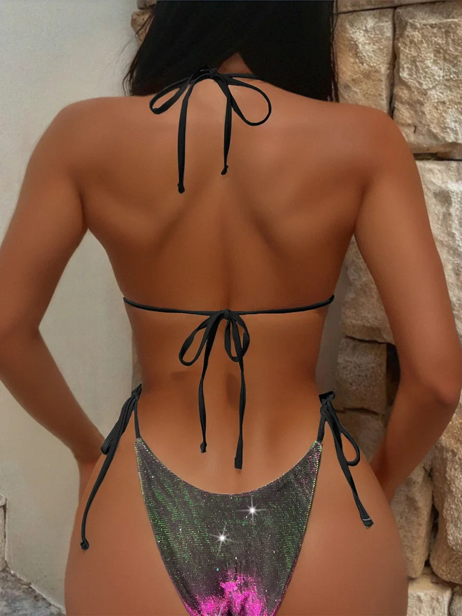 Sexy Shiny Gradient Purple Halter Strappy Bikini Female Swimsuit Women Swimwear Two-pieces Bikini Set Bather Bathing Suit Swim