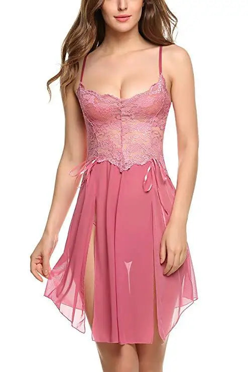 Women's Lace Trim Cami Nightdress - Sexy Side Slit & Mesh Panel, Perfect for Loungewear & Intimate Nights
