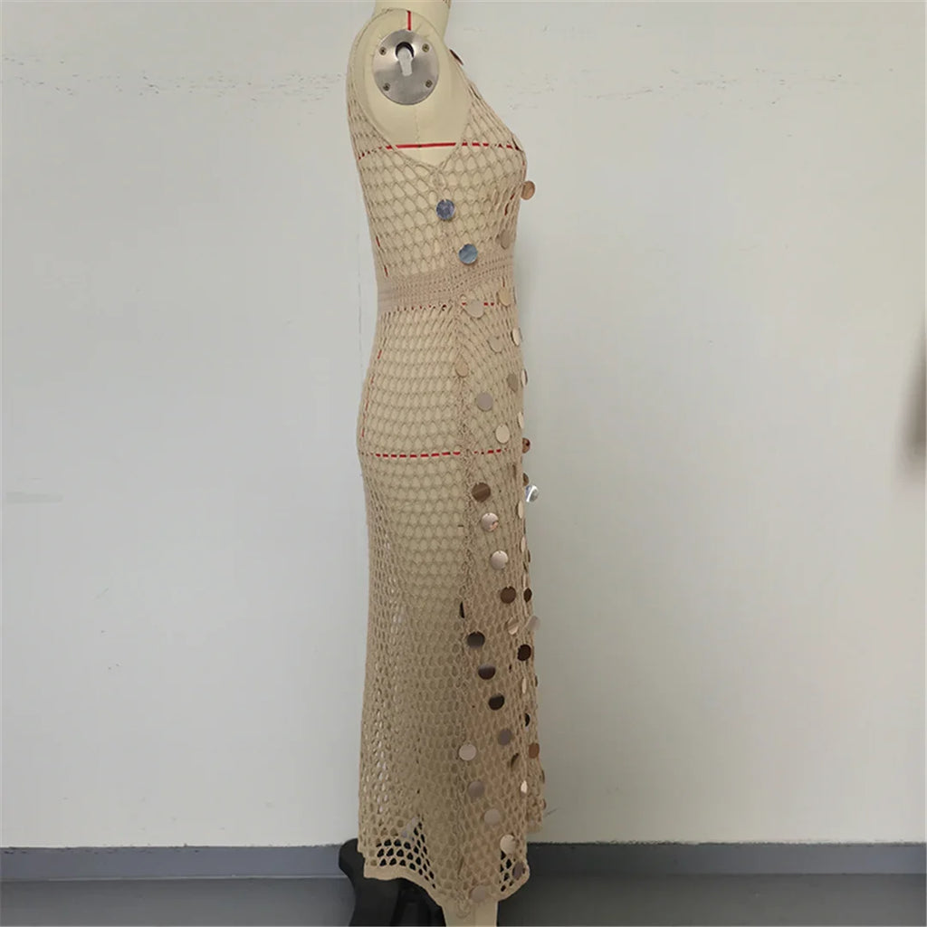 Shiny Sequins Hollow Out Crochet Knitted Tunic Beach Cover Up Cover-ups Beach Dress Mini Beach Wear Beachwear Female Women K6685