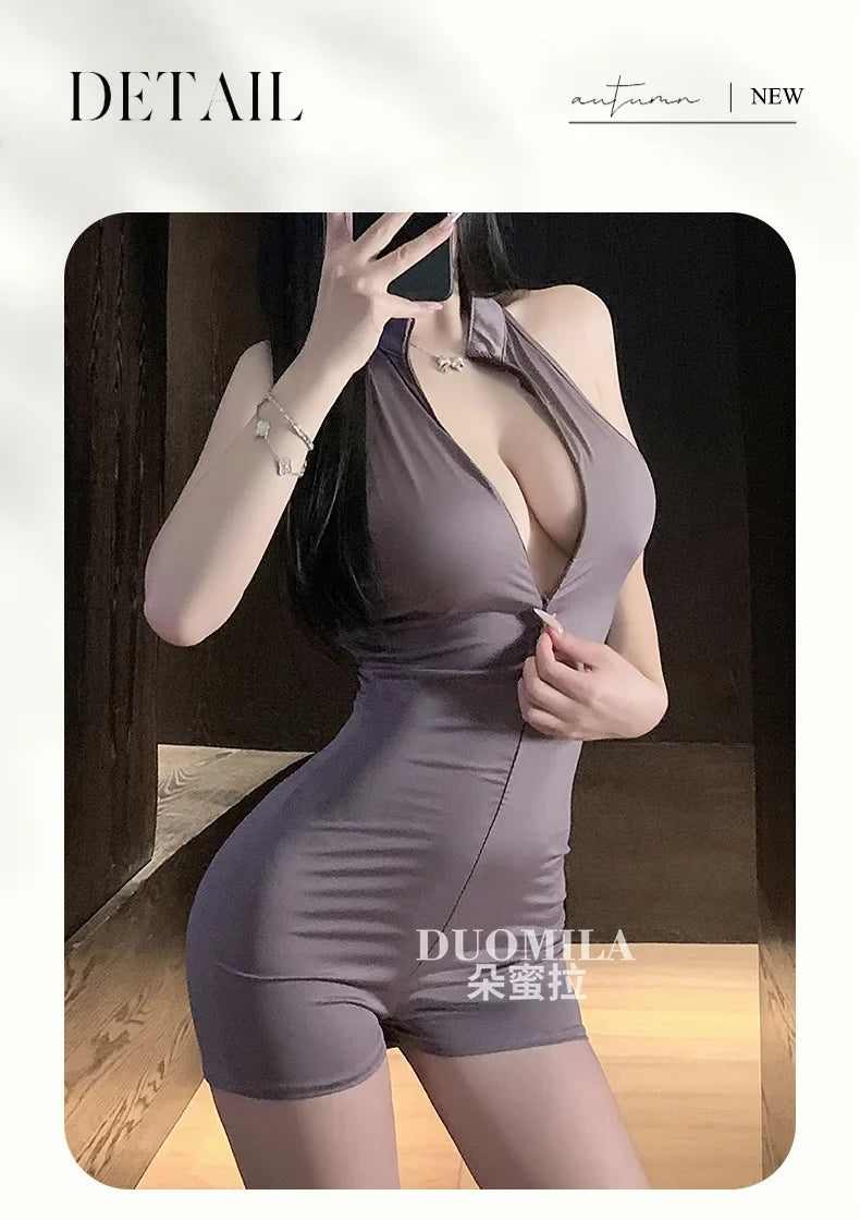 Sexy Schoolgirl Two-way Zipper Open Chest Crotch Bodysuits Deep V Suspenders Sleeveless Bodysuits Charming Thin Casual Hot 15T6
