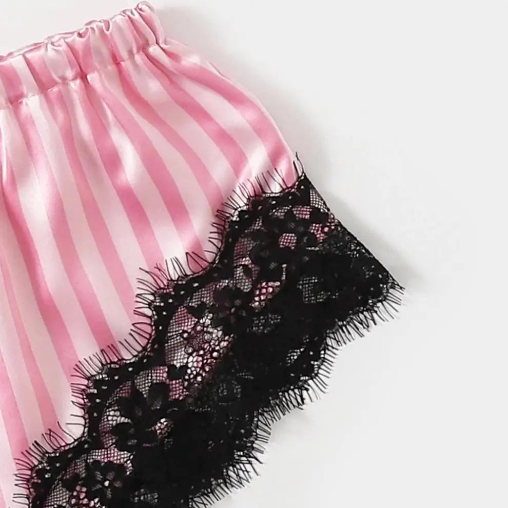 4pcs Women Striped Lingerie Set Lace Trim Robe Camisole Shorts Panties Nightwear Sleepwear Homewear Sexy Pajamas Outfit