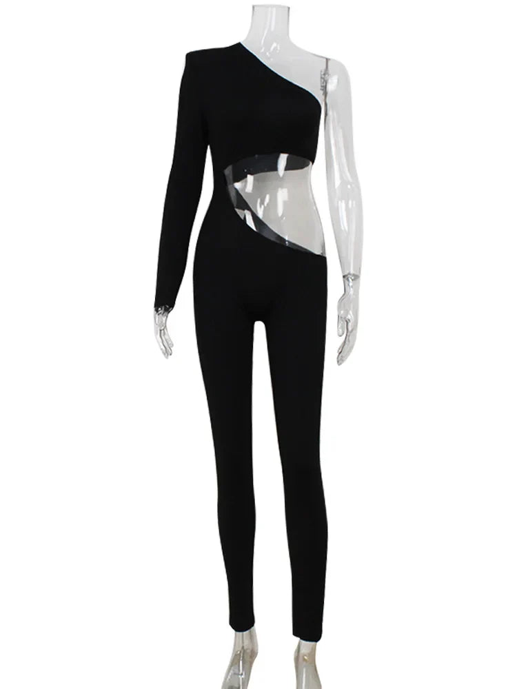 Ahagaga Sexy Club Women's Jumpsuits Single Sleeves Solid Skinny Hollow Out Long Pancil Pants Streetwear Causal Female Rompers