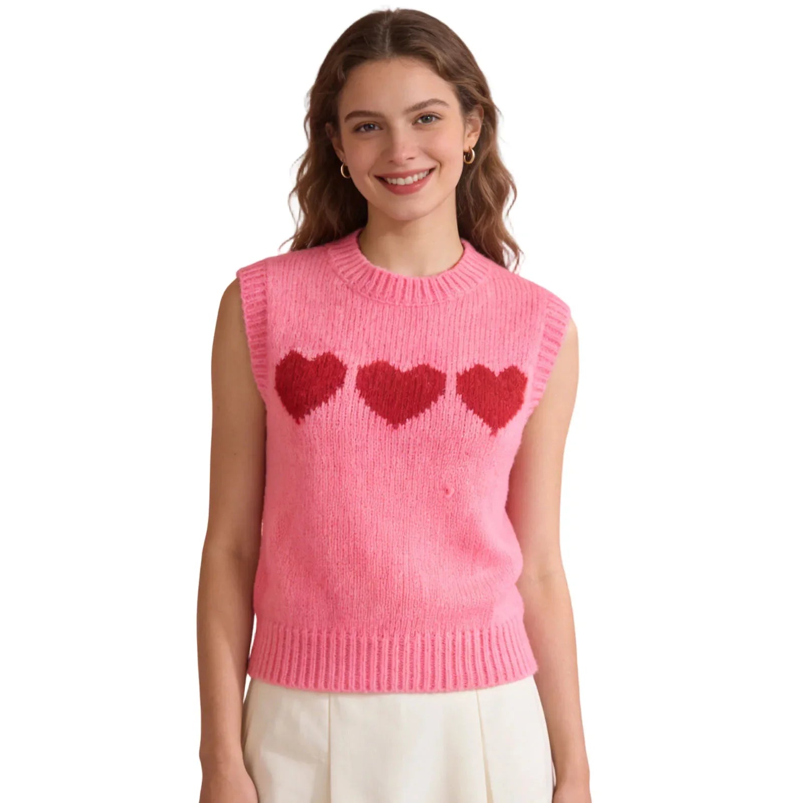 Women 2026 Sleeveless Crew Neck Pullover Fashion Daily Wear Top Cute Heart Print Pink Knitted Vest