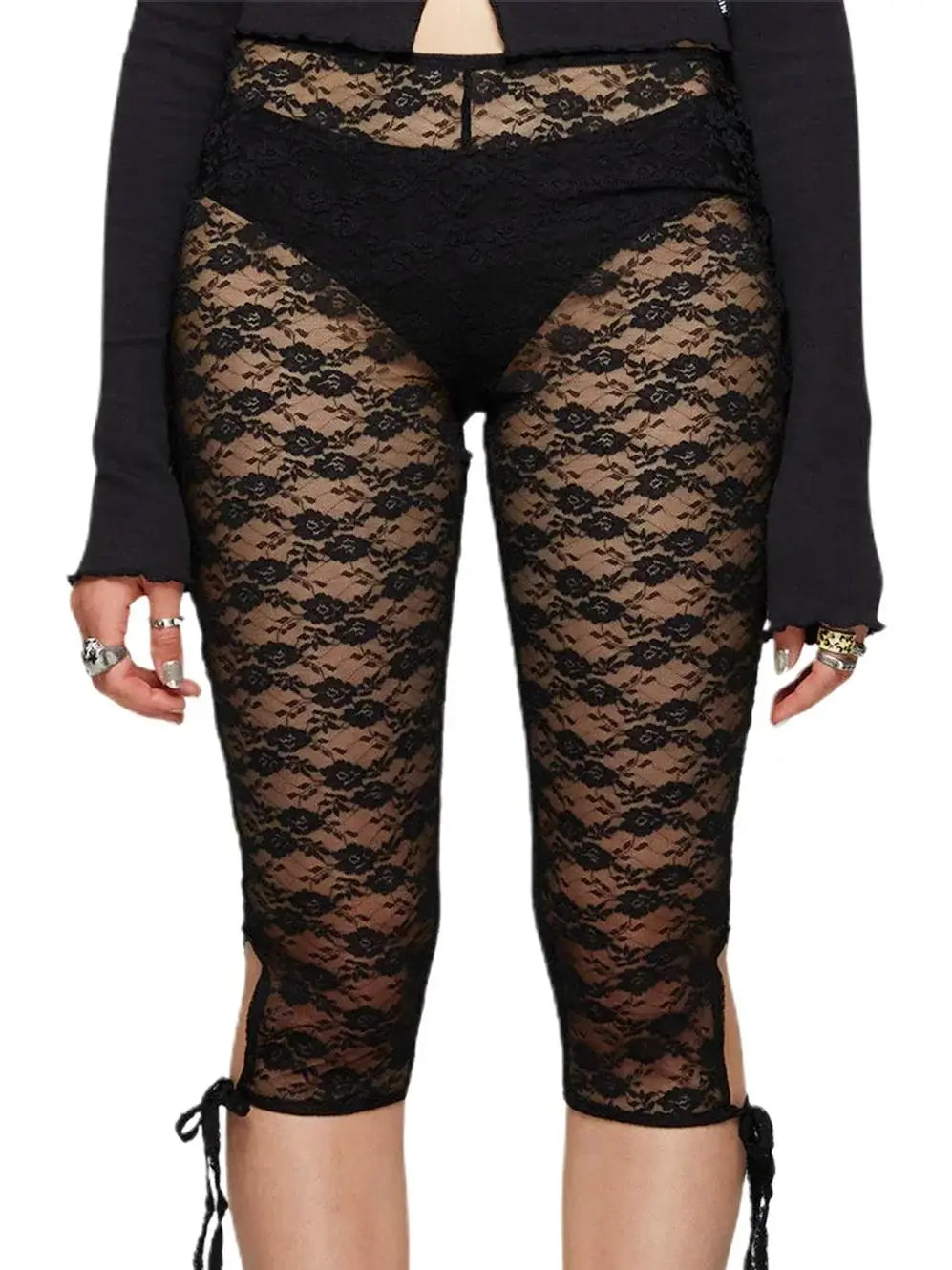 Women Lace Capri Leggings Flower See Through Low Rise Knee Length Tight Shorts with 3D Bows