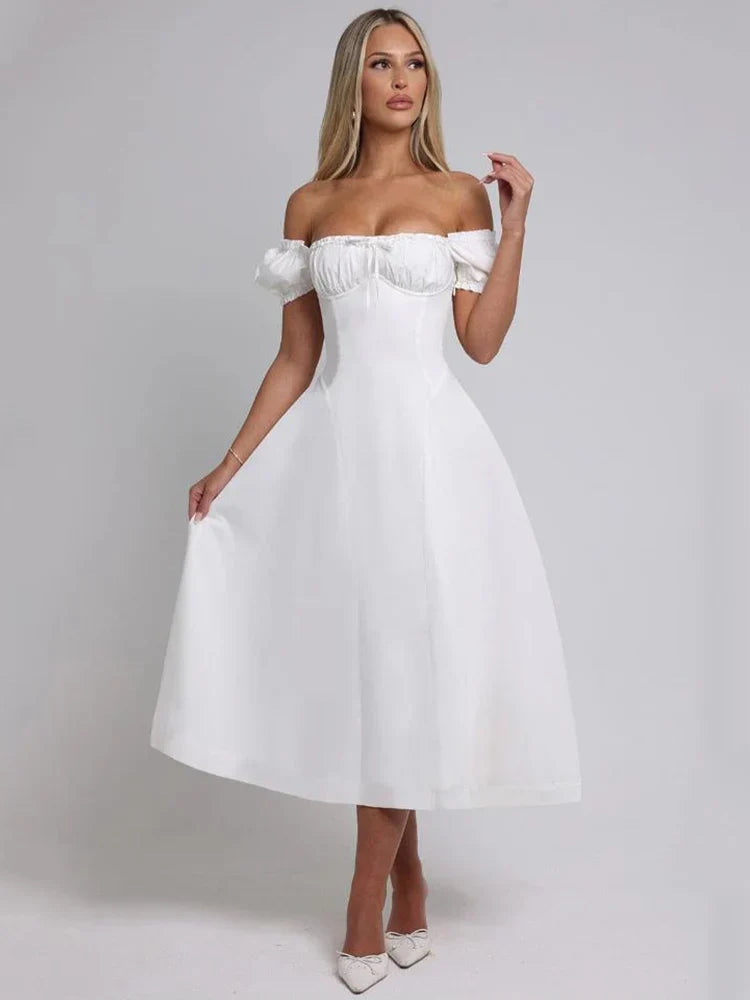Bowknot Ruffles Light Blue Midi Dress Women's Summer Off Shoulder Short Sleeve Beach Dress Drawstring White A-line Vestidos 2025