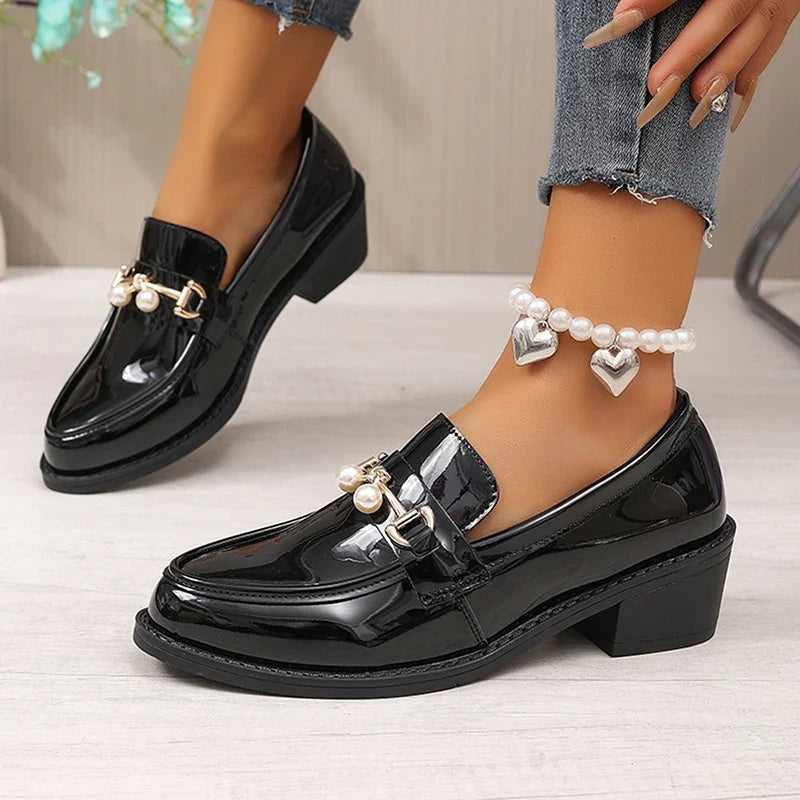 Office Ladies Patent Leather Oxford Shoes Plus Size 43 Pointed Toe Thick Heel Pumps Women British Style Slip On Student Shoes