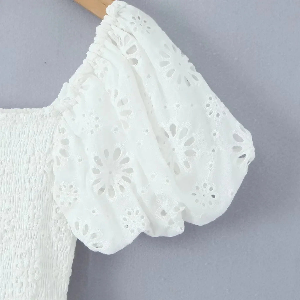 Puff Sleeve Cotton White Lace Dress Women Summer 2025 Square Collar Vintage Beach Short Dress Petite Flower Embriodery  Dress