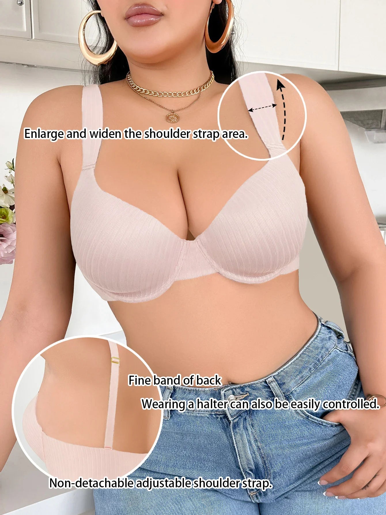 Wide Straps Women's B C D Bra Large Gather Push Up Bra Comfort Thin Cup Underwire Support Lingerie Bra