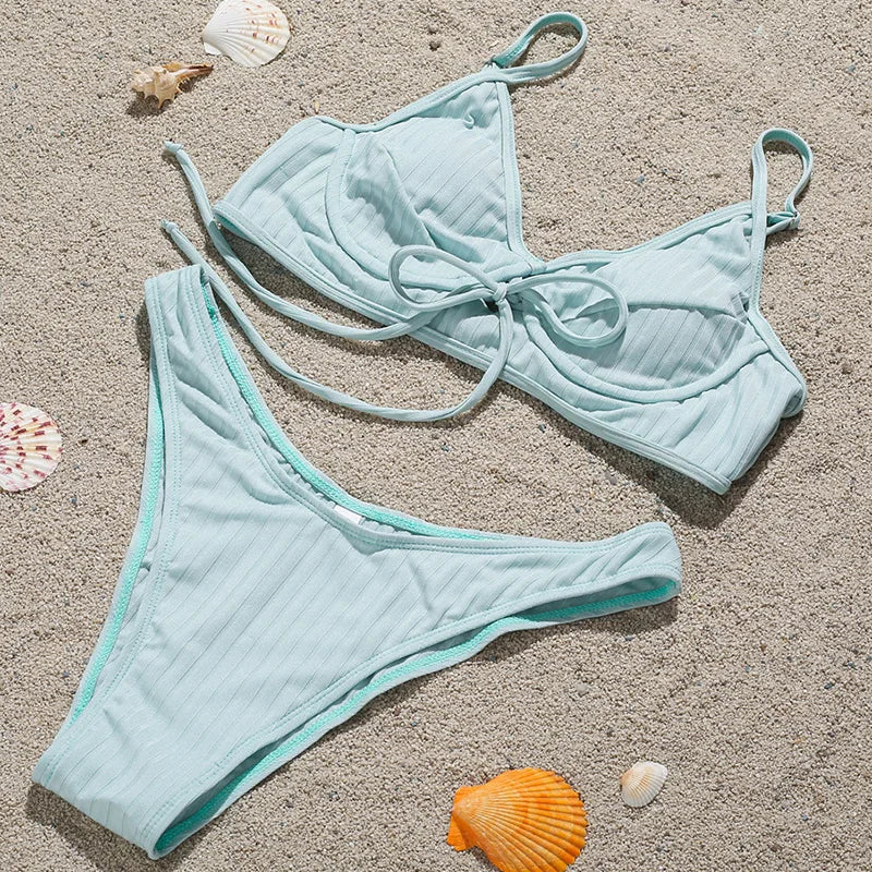 Ribbed Underwired V-Bar Bikini 2026 Women Swimsuit Female Swimwear Two Pieces Bikini Set Knotted Push Up Bathing Suit Swim Lady