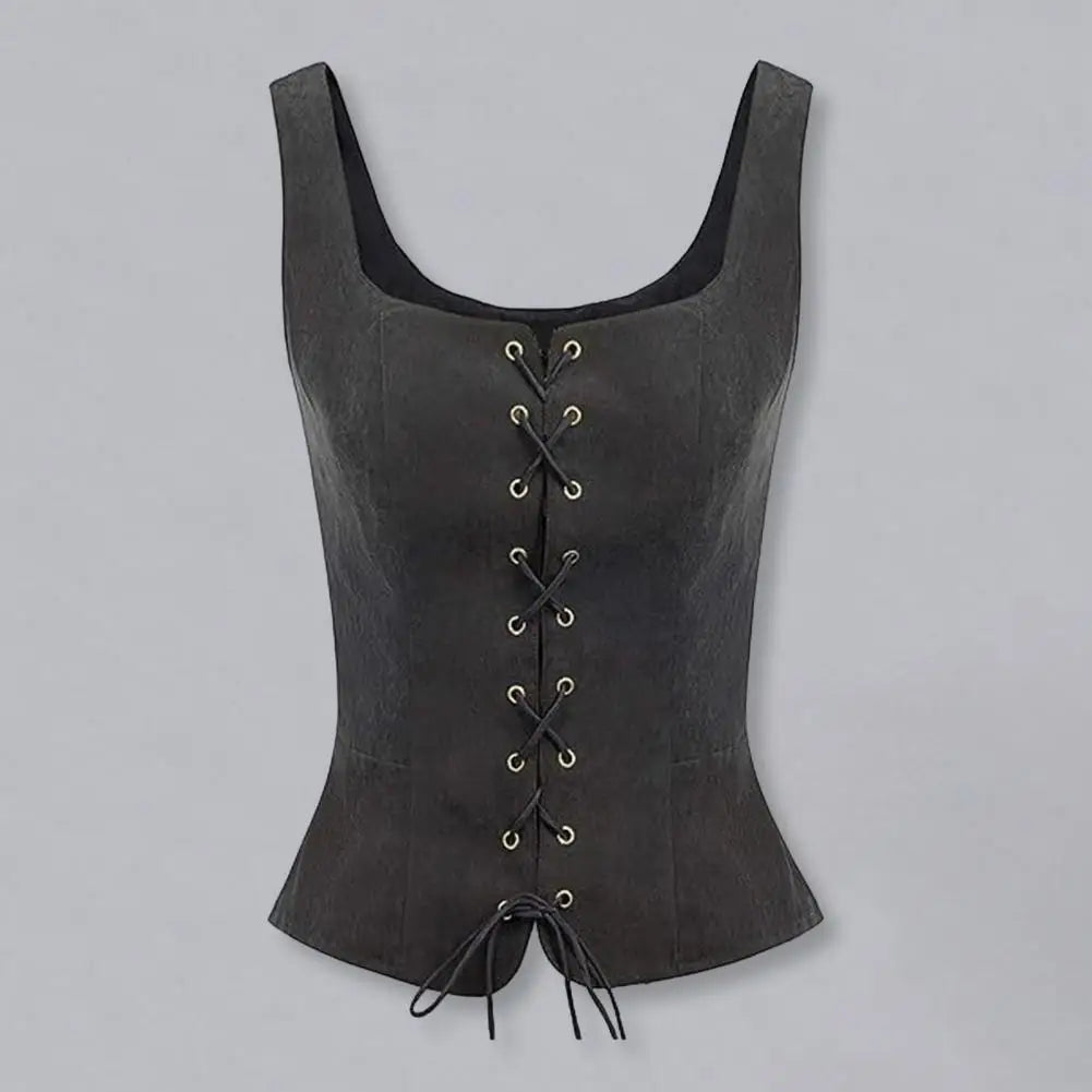 Women Vest Lace-up Strap Renaissance Vinatge Square Neck Sleeveless Medieval Slim Fit Halloween Cosplay Performance Top
