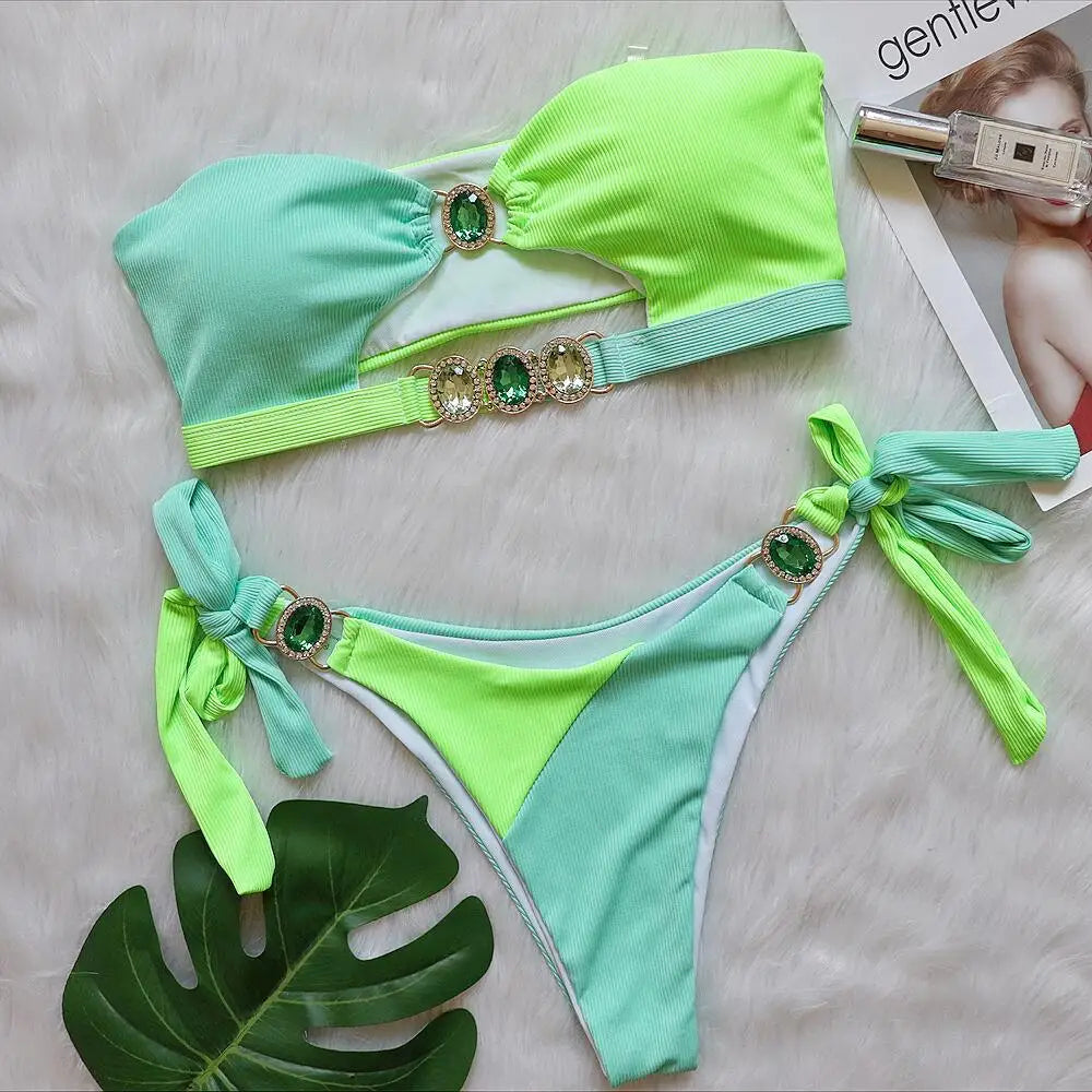 2026 Sexy Bikini Bandeau Women Crystal Diamond Patchwork Hollow Swimwear Swimsuit Bikinis Set Bathing Suit Bikini Female Push Up