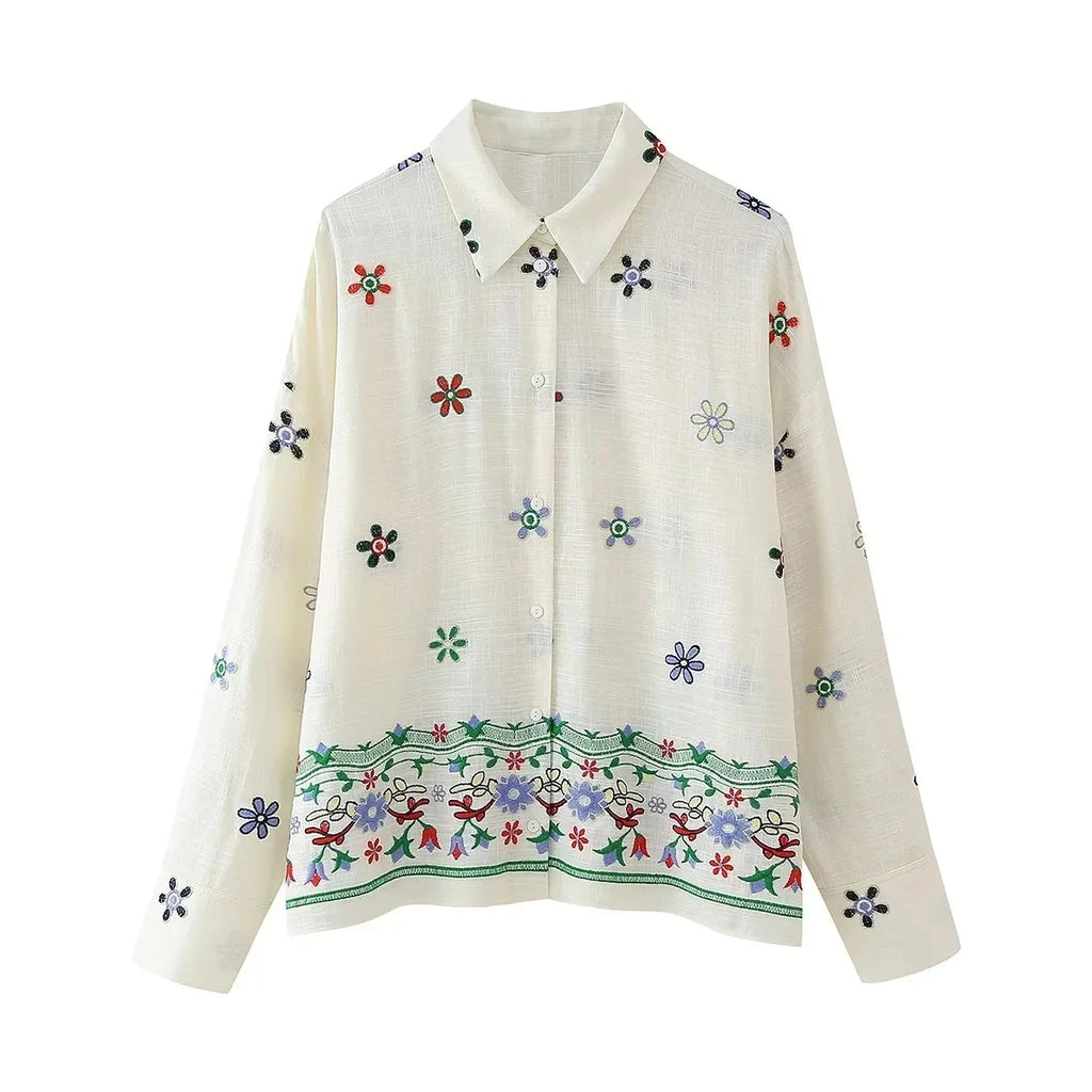 Foridol Floral Embroidery Women Shirt Pants Set Linen 2 Pcs Outfit Female Matching Set Wide Leg Pants Suit 2025 Casual Set