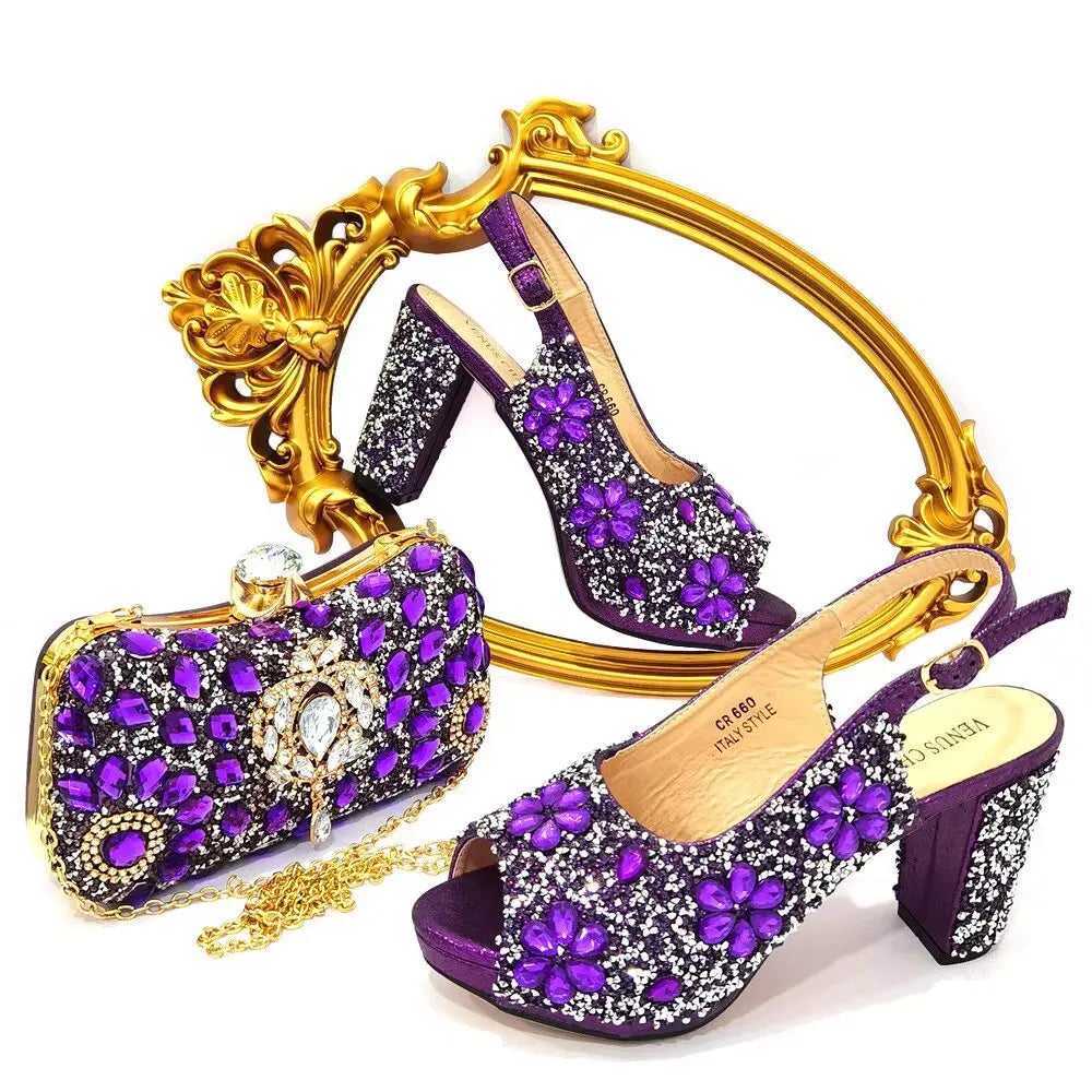 Doershow beautiful Italian Shoes And Bag Sets For Evening Party With Stones Italian Leather Handbags Match Bags! 21-2