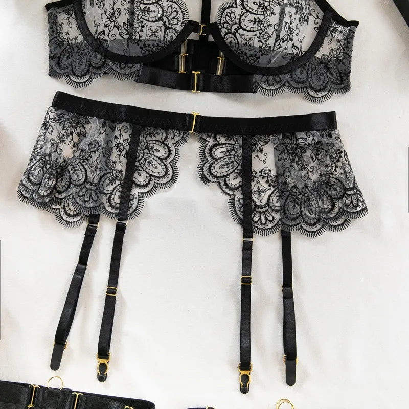 Toucheart 5 Piece Sexy Embroidery Underwear Set for Women Mesh Patchwork See-through Halter Underwear Garters Sexy Lingerie Set
