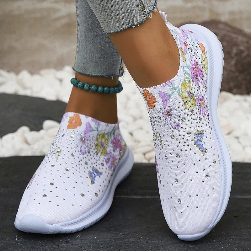 2025 Fashion Crystal Platform Sneakers Women Plus Size Slip On Flowers Printed Flats Woman Breathable Soft Sole Wakling Shoes