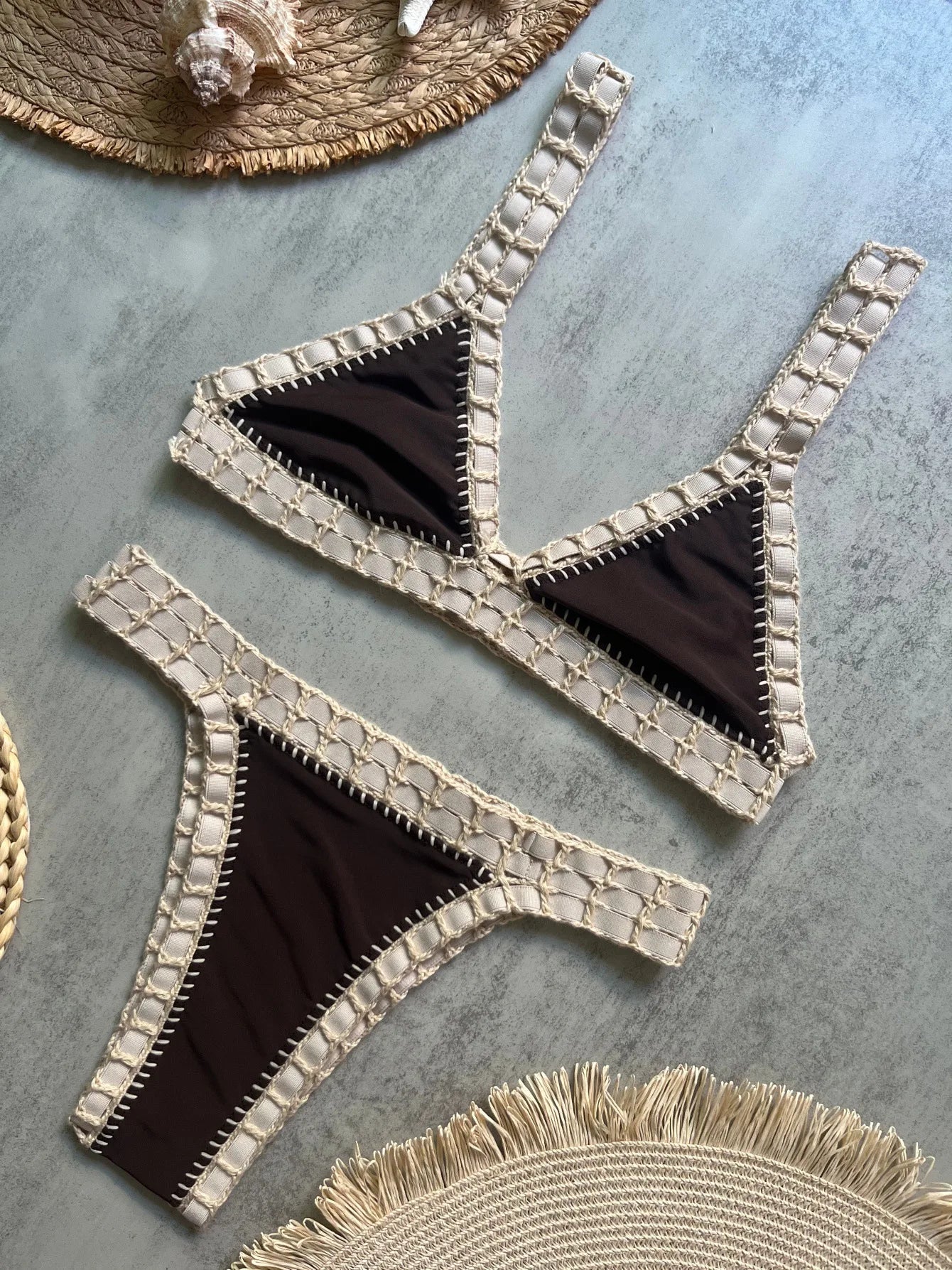 Sexy Black Patchwork Hand Crochet Bikini Set Women 2026 V Neck Push Up Bra Thong Swimsuit Beach Bathing Suit Knitted Swimwear