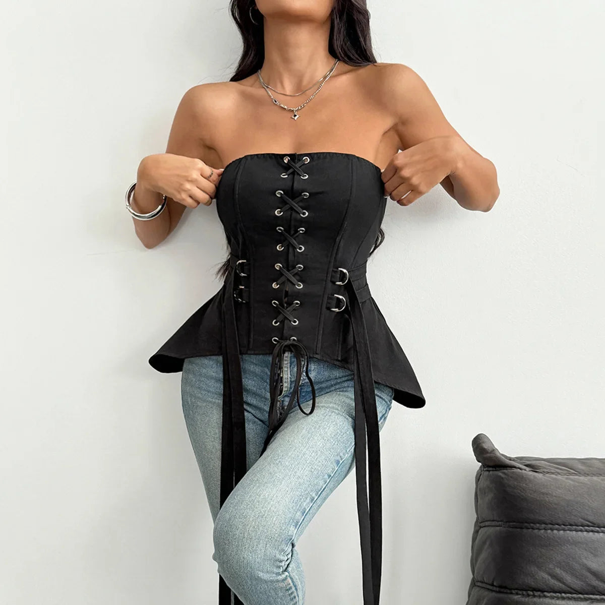 Sexy Strapless Waist Cinching Vest Women Black Ouble Metal Buckle Unique Woven Slimming Shaping Fishbone Ruffles Tank Tops