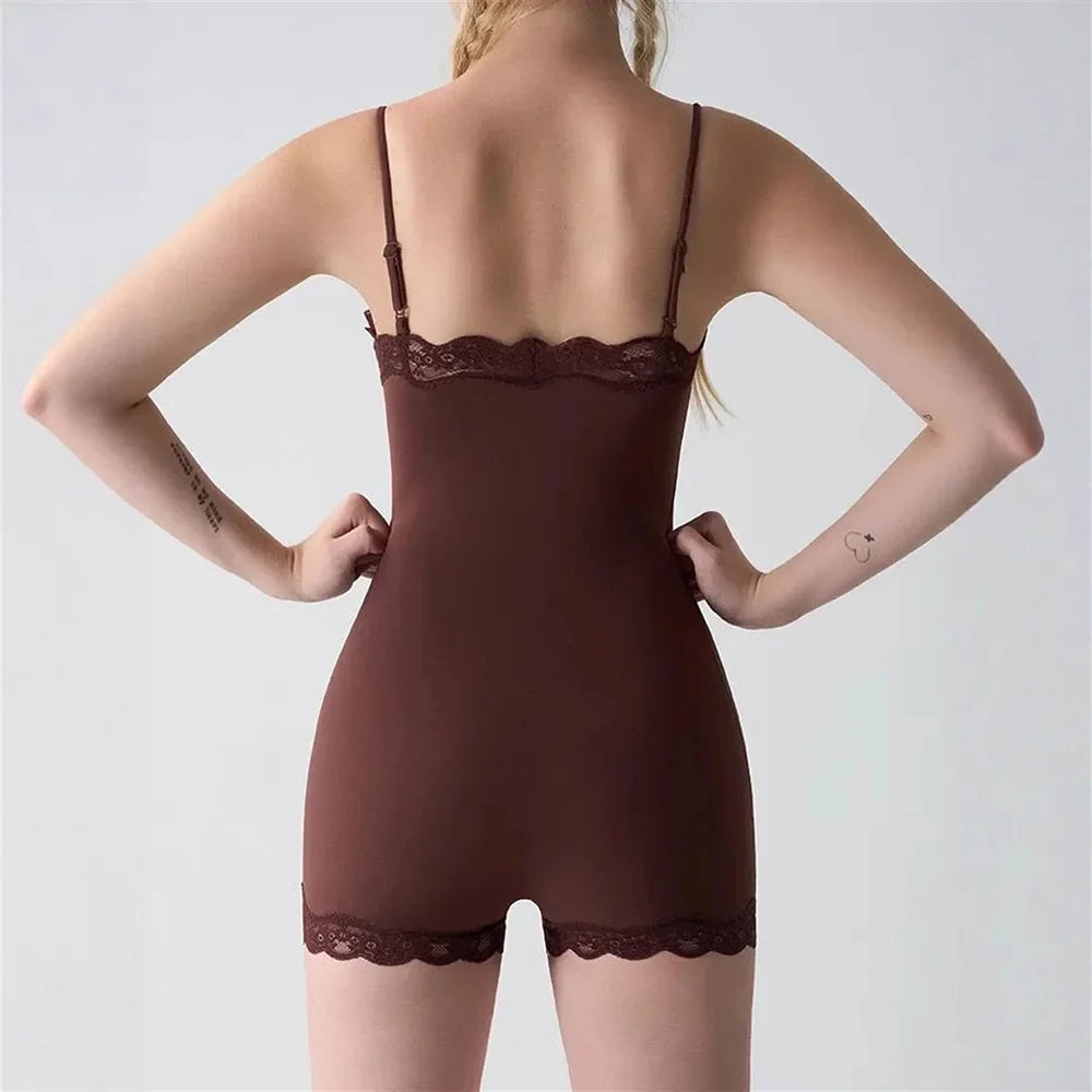 FDYOUI Sexy Spaghetti Strap Fitness Sports Overalls Women's Lace Patchwork Sleeveless Gym Yoga Bodysuit One Piece Rompers Tights
