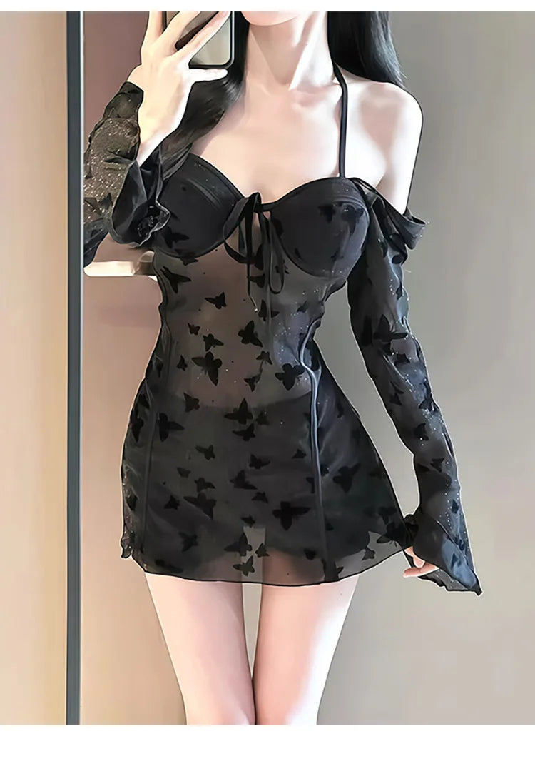 Hot spring swimsuit women's highend skirt style two-piece set sexy pure desire steel holder gathering slimming vacation swimsuit