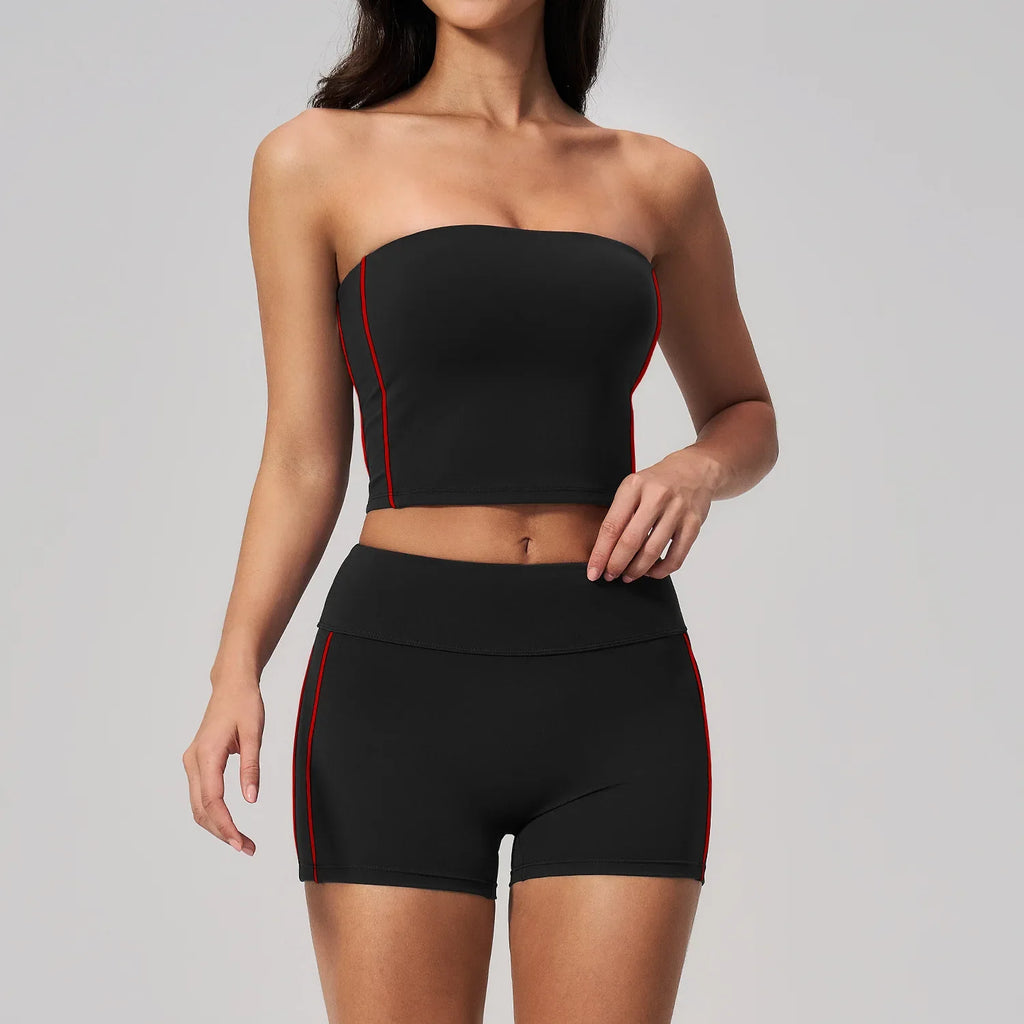Summer Tight Yoga Suit Women Color Contrast Strapless Slim Sports Tank Top Shorts Fitness Suit Gym Running Workout Tracksuit