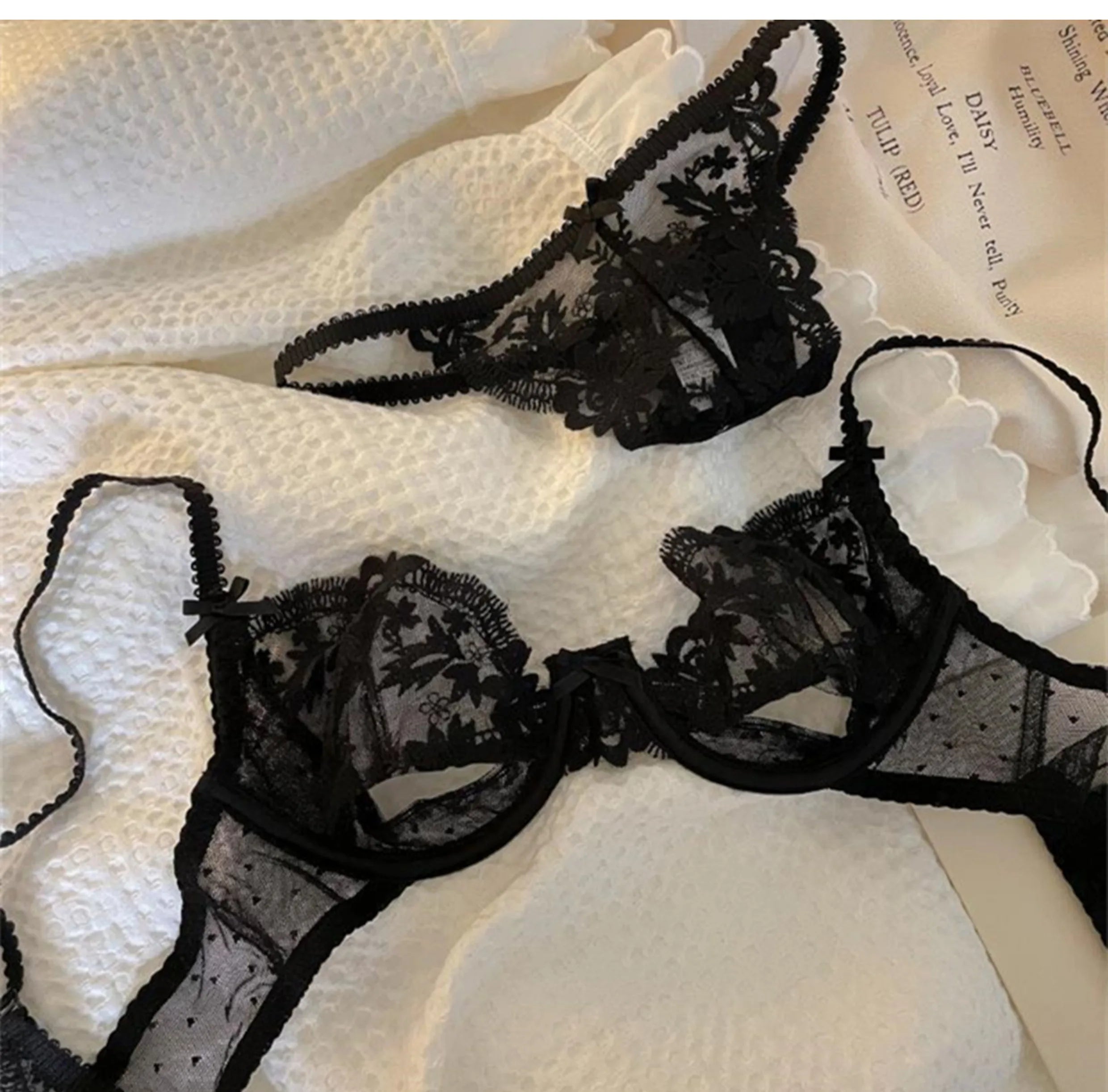 MOYISU Parisian Sheer Bralette Set - Ultra-Thin Wire-Free Bra No Padding Anti-Sag Lace Cutout Lingerie Sexy Vacation-Ready Tushy