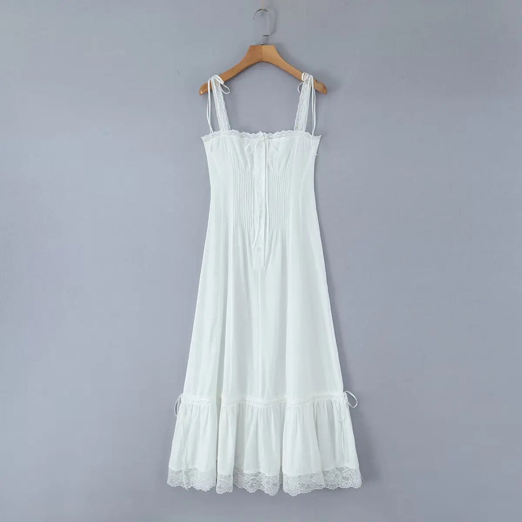 Summer Womens White Dresses Spaghetti Strap New in Long Dress 2025 Beach Casual Midi Party Vestidos Single Breasted Lace Dress