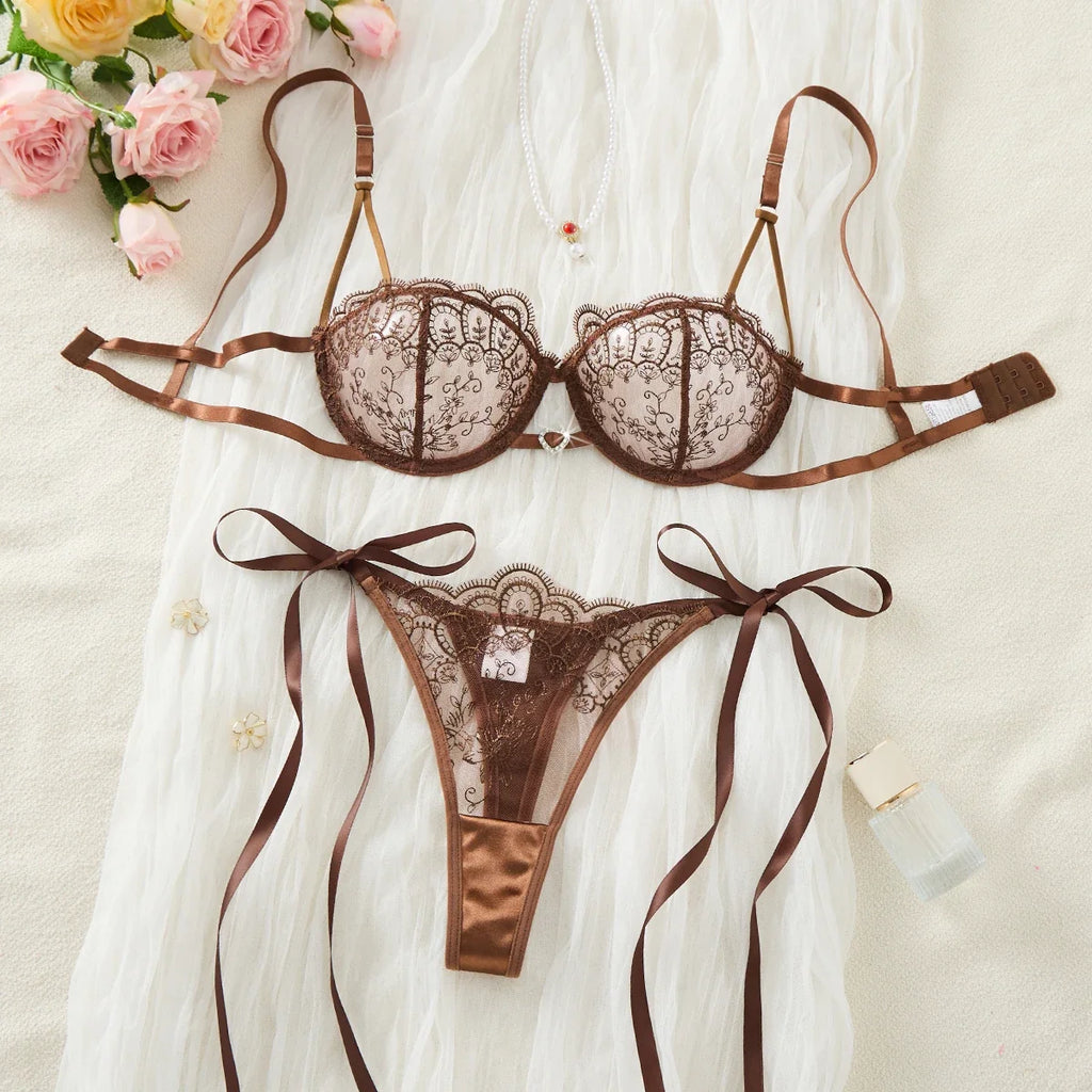 Coffee vintage lace lingerie set - Sexy net fabric embroidery 3/4 cup gathering bra with elasticized straps thong set