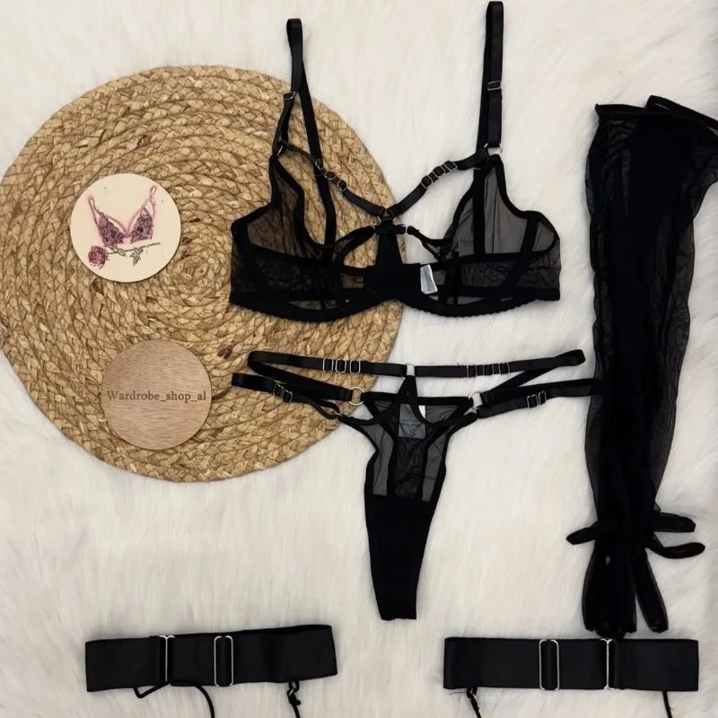 Toucheart Sexy Mesh Lingerie Split Kit with Gloves Steel Ring Laceup Patchwork Skinny See-through Hollow Interesting Private Set