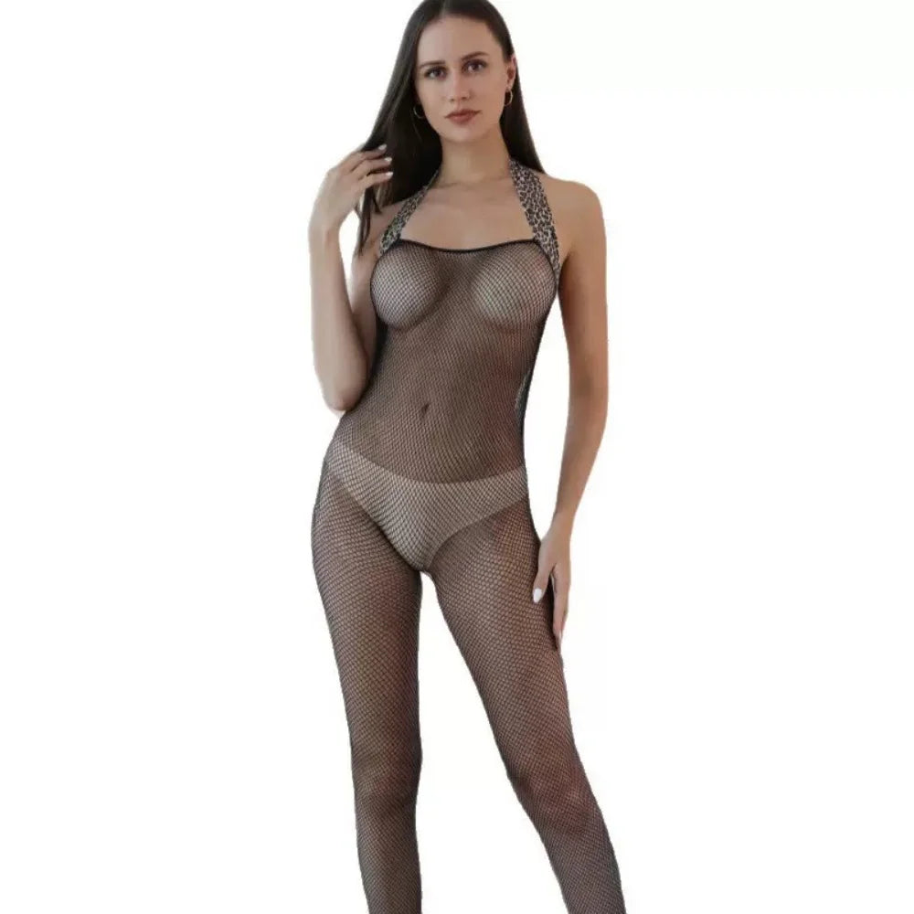 Sexy Fishnet Bodysuit Women Lingerie Open Crotch Lace-Up Teddy Sheer Mesh Erotic Nightwear