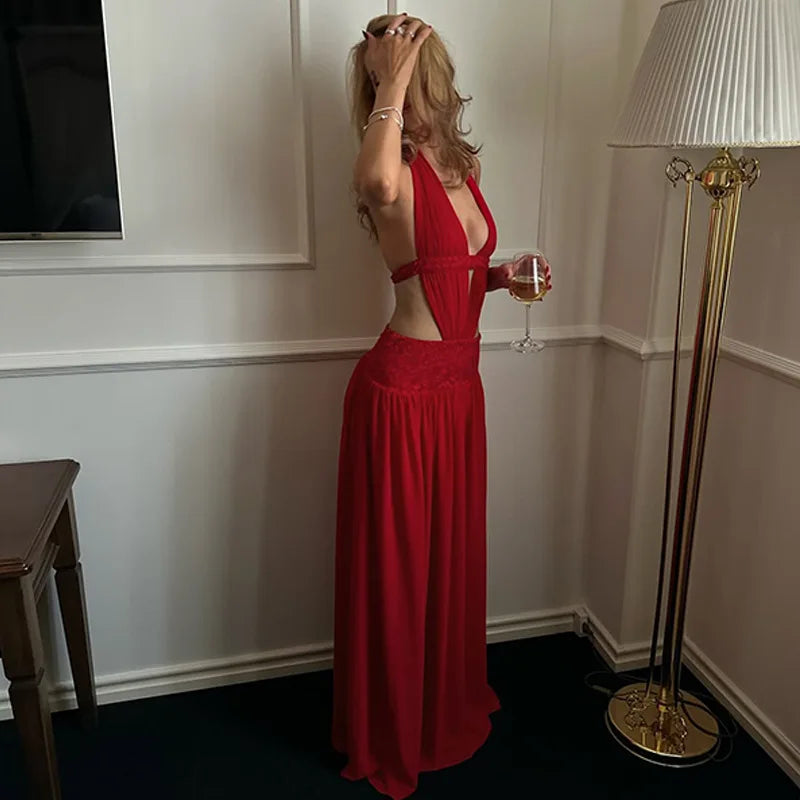 FDYOUI Sexy Halter Neck Backless Wedding Party Dress Women 2026 Summer Hollow Out Lace-up Long Maxi Evening Dresses Red Gowns