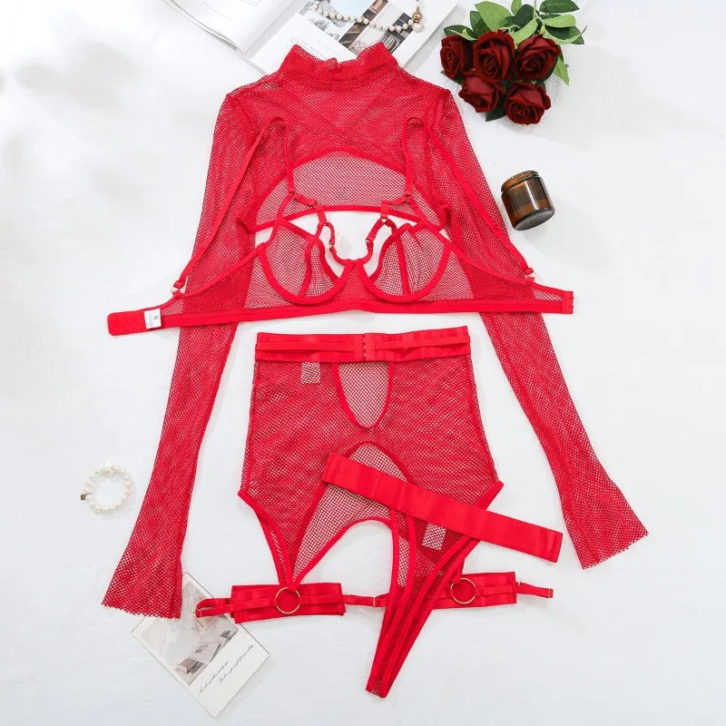 Toucheart Sexy Lingerie Set For Women Hollow Mesh See-through Sexy Temptation Free Underwear Long Sleeves Garters Lingerie Set