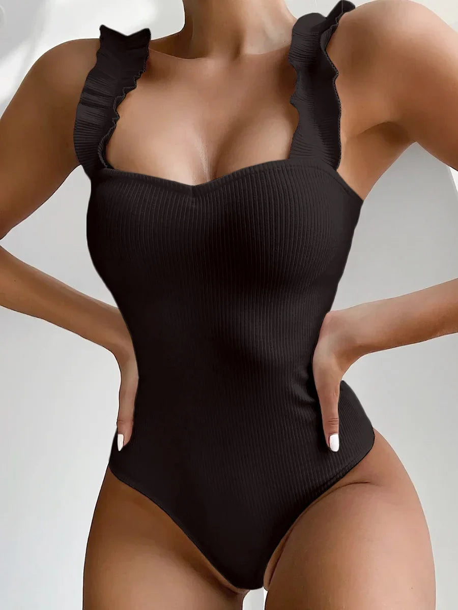 Sexy White Frill Trim Ruffled Ribbed Female Swimwear One Piece Swimsuit Women Monokini High Cut Bather Bathing Suit Swim Lady