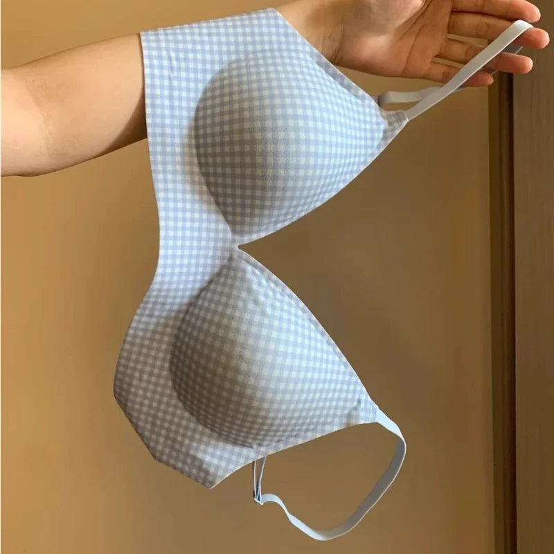Japanese Checkered Crop Top Bra Small Bust Anti-Sagging Wirefree Pure Cotton Bralette Beachwear Light Support Set S-XL AU MOYISU